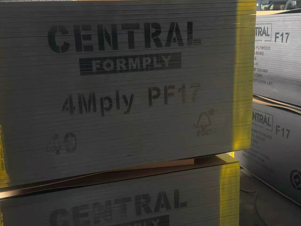 Central Formply PF17 sheets stacked in the warehouse — 40 per pack