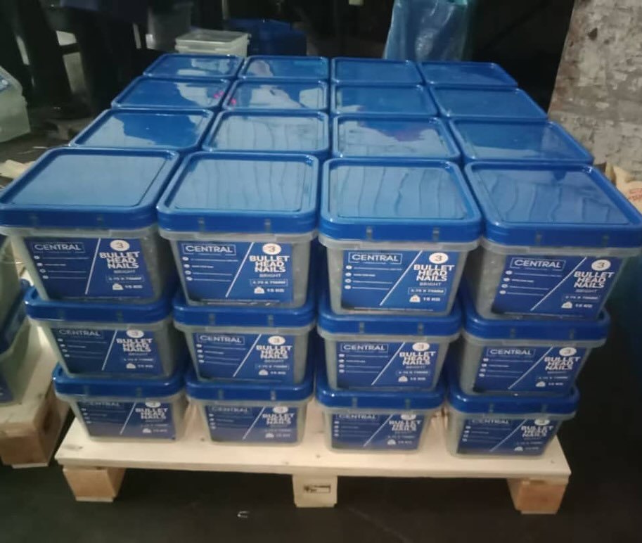 Pallet of Central 3 inch bullet head nails in 15 kg boxes